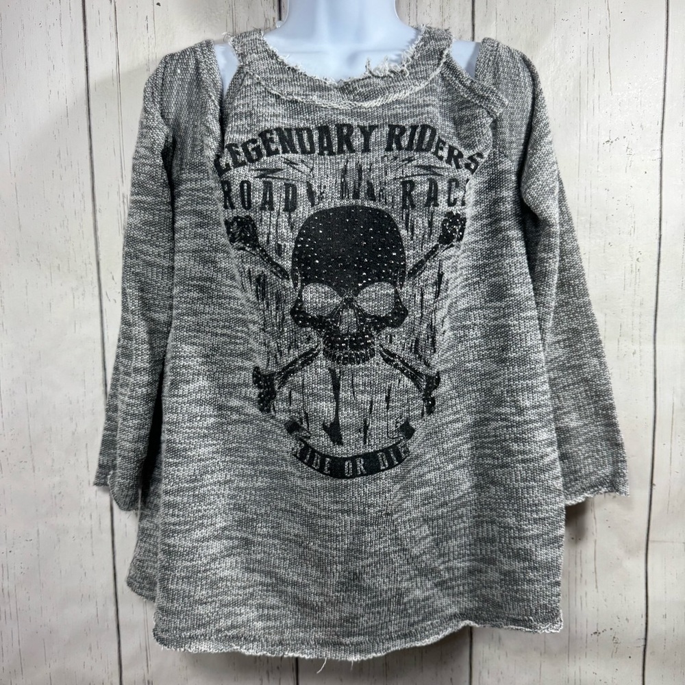 Vocal Gray Skull Graphic Distressed Cold Shoulder Tunic XL Biker Grunge Edgy